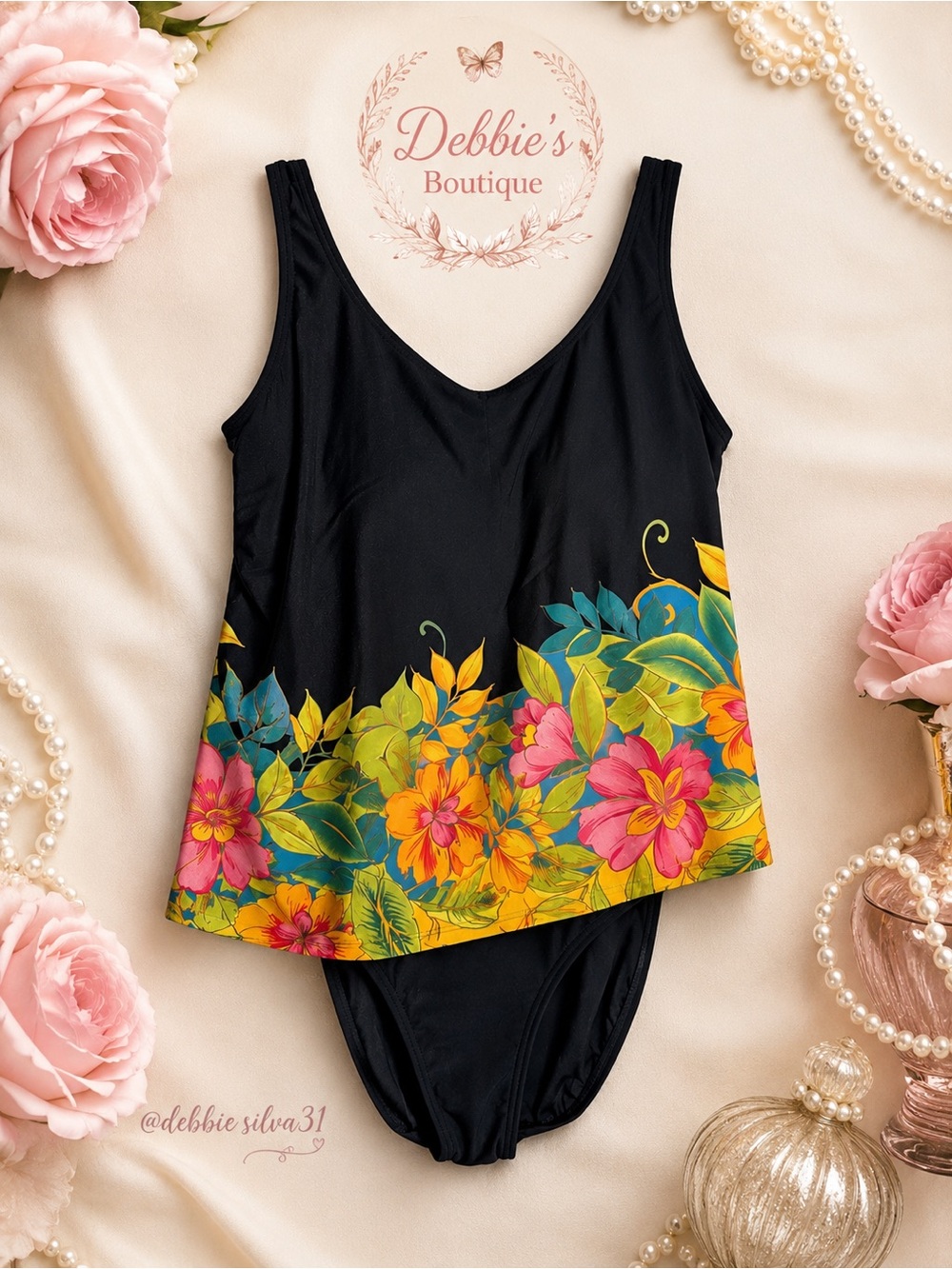 Amoena Size 12 Black Tropical Floral One-Piece Swimsuit